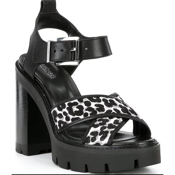 Michael Kors Colby Leather Cheetah Calf Hair Lug Platform Sandals SZ8.5 NEW CHIC - Picture 1 of 11